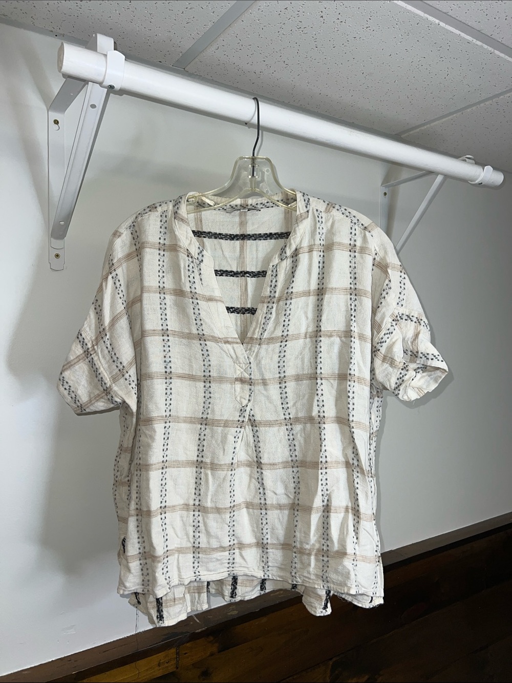 Madewell‎ Linen Blend Cream Top with Black and Tan Plaid Stripes- S